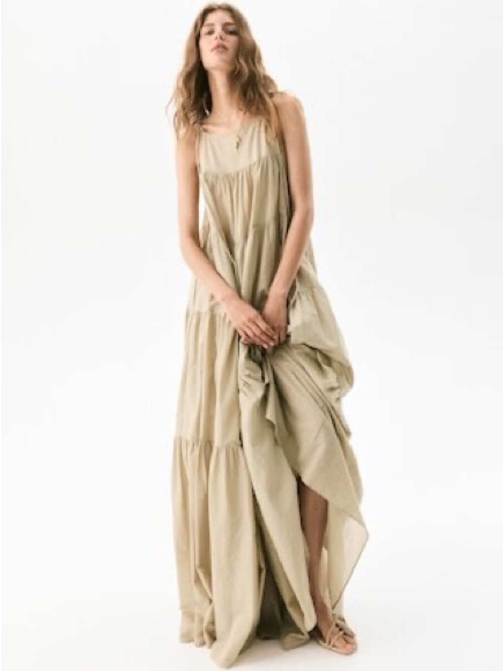 NWT H&M XXL Tiered Light Beige Tie-Strap Maxi Dress